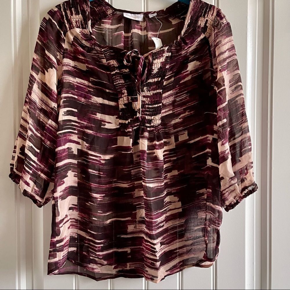 New York & Company Purple Print Sheer Peasant Blouse 3/4 Sleeve XS NWT
